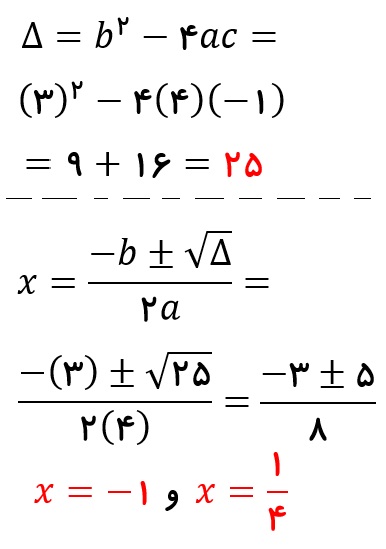 جواب مثال 1 - حل معادله به روش دلتا - درس در خانه